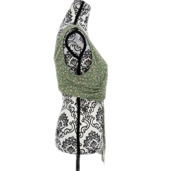 Iris Green Floral Ruched Crop Top Button Front Tank with Adjustable Ties - Picture 8 of 13